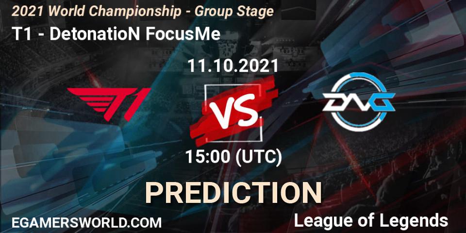 Pronósticos T1 - DetonatioN FocusMe. 11.10.2021 at 15:00. 2021 World Championship - Group Stage - LoL