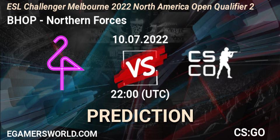 Pronósticos BHOP - Northern Forces. 10.07.2022 at 22:00. ESL Challenger Melbourne 2022 North America Open Qualifier 2 - Counter-Strike (CS2)