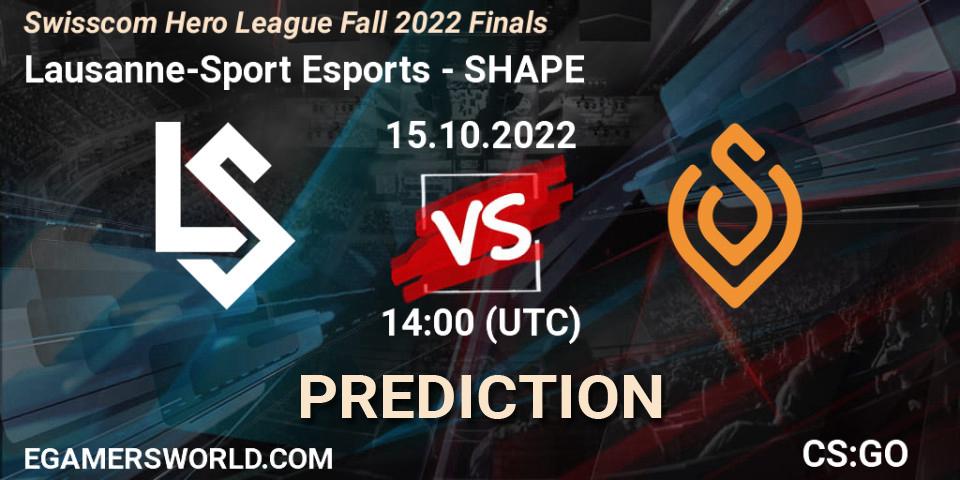 Pronósticos Lausanne-Sport Esports - SHAPE. 15.10.2022 at 14:00. Swisscom Hero League Fall 2022 Finals - Counter-Strike (CS2)