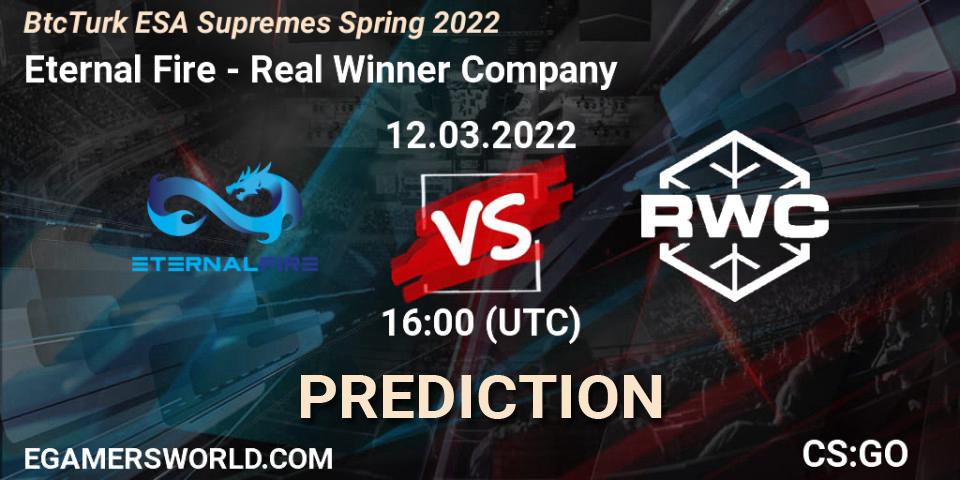 Pronósticos Eternal Fire - Real Winner Company. 12.03.2022 at 16:00. BtcTurk ESA Supremes Spring 2022 - Counter-Strike (CS2)