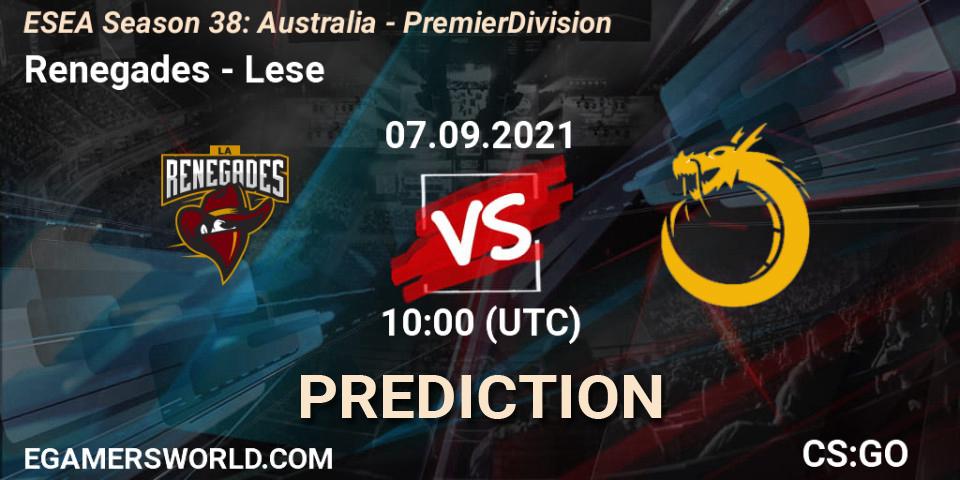 Pronósticos Renegades - Lese. 07.09.2021 at 10:00. ESEA Season 38: Australia - Premier Division - Counter-Strike (CS2)