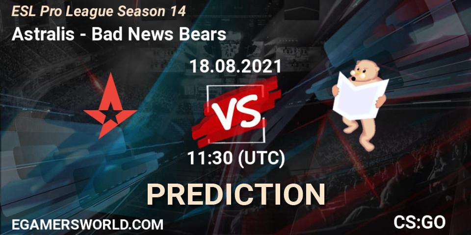 Pronósticos Astralis - Bad News Bears. 18.08.2021 at 11:30. ESL Pro League Season 14 - Counter-Strike (CS2)