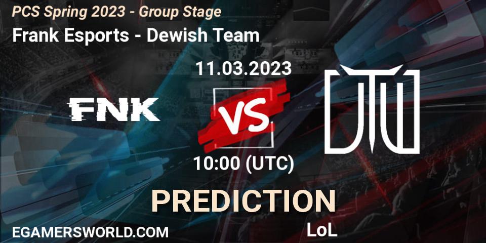 Pronósticos Frank Esports - Dewish Team. 18.02.2023 at 11:15. PCS Spring 2023 - Group Stage - LoL