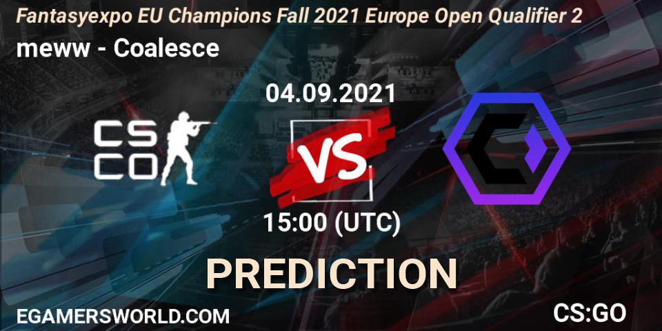 Pronósticos meww - Coalesce. 04.09.2021 at 15:05. Fantasyexpo EU Champions Fall 2021 Europe Open Qualifier 2 - Counter-Strike (CS2)