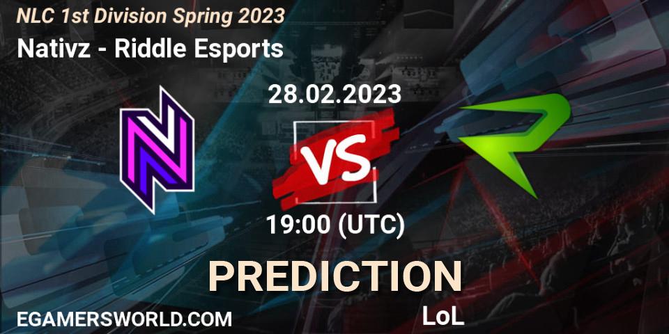 Pronósticos Nativz - Riddle Esports. 28.02.2023 at 19:00. NLC 1st Division Spring 2023 - LoL