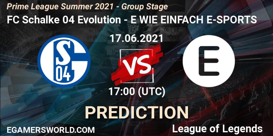 Pronósticos FC Schalke 04 Evolution - E WIE EINFACH E-SPORTS. 17.06.2021 at 17:00. Prime League Summer 2021 - Group Stage - LoL