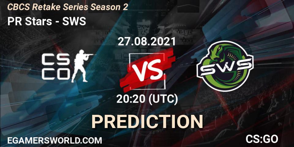Pronósticos PR Stars - SWS. 27.08.2021 at 20:20. CBCS Retake Series Season 2 - Counter-Strike (CS2)