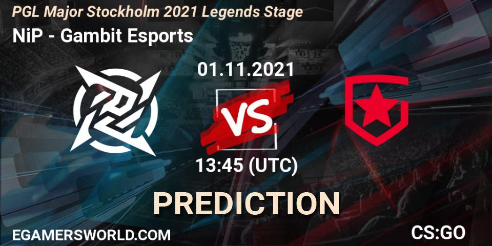 Pronósticos NiP - Gambit Esports. 01.11.2021 at 13:50. PGL Major Stockholm 2021 Legends Stage - Counter-Strike (CS2)