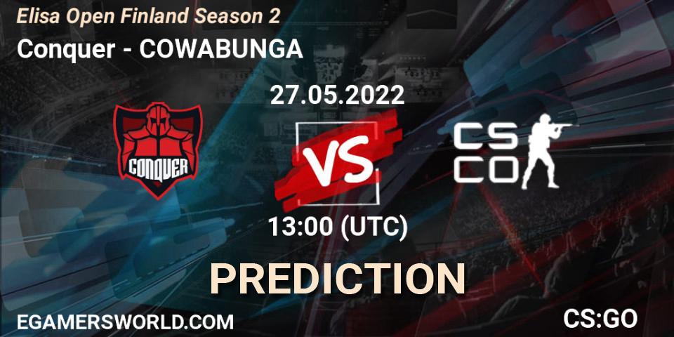Pronósticos Conquer - COWABUNGA. 27.05.2022 at 13:00. Elisa Open Finland Season 2 - Counter-Strike (CS2)