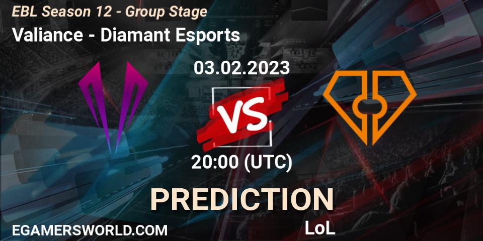 Pronósticos Valiance - Diamant Esports. 03.02.2023 at 20:00. EBL Season 12 - Group Stage - LoL