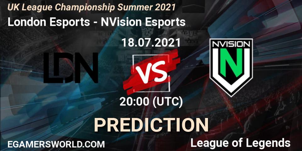Pronósticos London Esports - NVision Esports. 18.07.2021 at 20:00. UK League Championship Summer 2021 - LoL