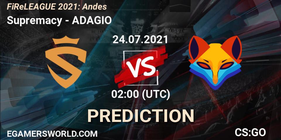 Pronósticos Supremacy - ADAGIO. 24.07.2021 at 01:00. FiReLEAGUE 2021: Andes - Counter-Strike (CS2)