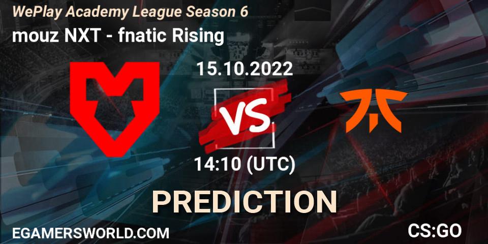 Pronósticos mouz NXT - fnatic Rising. 16.10.2022 at 18:05. WePlay Academy League Season 6 - Counter-Strike (CS2)