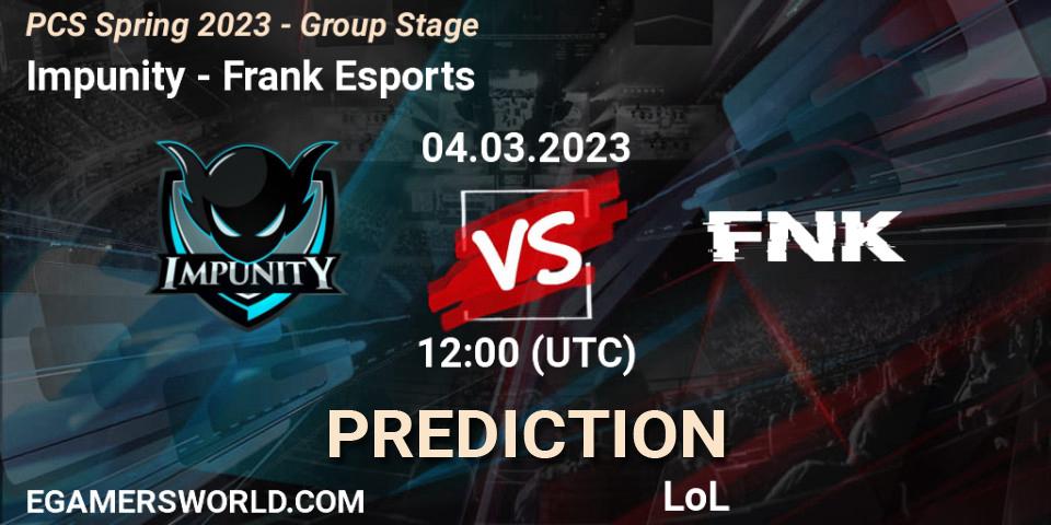 Pronósticos Impunity - Frank Esports. 11.02.2023 at 12:10. PCS Spring 2023 - Group Stage - LoL