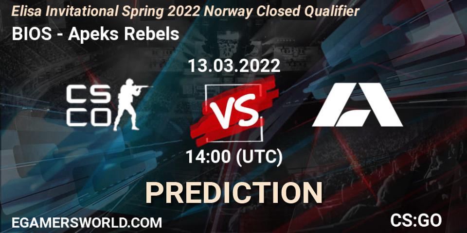 Pronósticos BIOS - Apeks Rebels. 13.03.2022 at 14:00. Elisa Invitational Spring 2022 Norway Closed Qualifier - Counter-Strike (CS2)