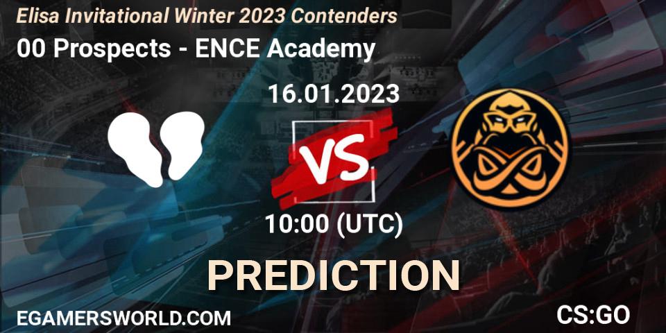 Pronósticos 00 Prospects - ENCE Academy. 16.01.2023 at 10:00. Elisa Invitational Winter 2023 Contenders - Counter-Strike (CS2)