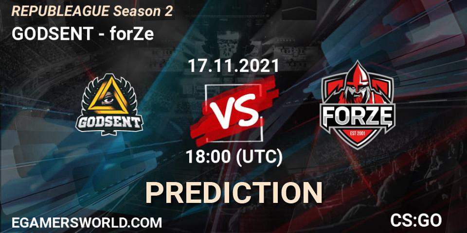 Pronósticos GODSENT - forZe. 17.11.2021 at 18:00. REPUBLEAGUE Season 2 - Counter-Strike (CS2)