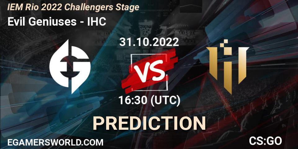 Pronósticos Evil Geniuses - IHC. 31.10.2022 at 18:00. IEM Rio 2022 Challengers Stage - Counter-Strike (CS2)