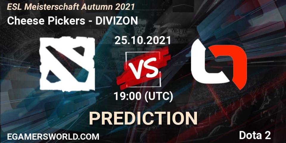 Pronósticos Cheese Pickers - DIVIZON. 25.10.2021 at 19:10. ESL Meisterschaft Autumn 2021 - Dota 2
