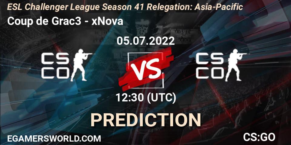 Pronósticos Coup de Grac3 - xNova. 05.07.2022 at 12:30. ESL Challenger League Season 41 Relegation: Asia-Pacific - Counter-Strike (CS2)