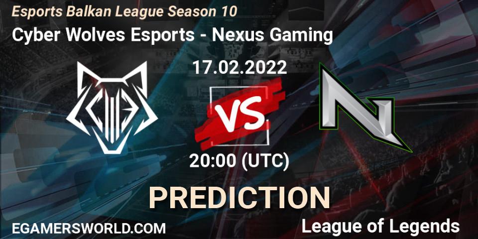Pronósticos Cyber Wolves Esports - Nexus Gaming. 17.02.2022 at 20:00. Esports Balkan League Season 10 - LoL