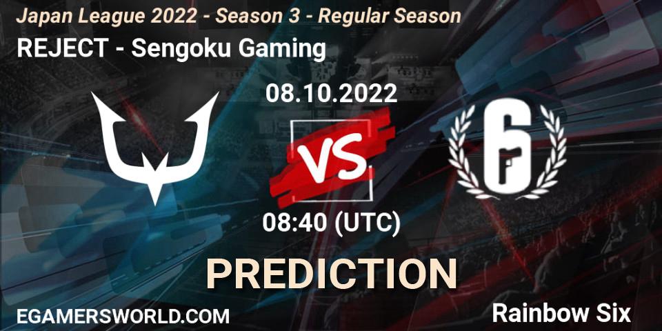 Pronósticos REJECT - Sengoku Gaming. 08.10.2022 at 08:40. Japan League 2022 - Season 3 - Regular Season - Rainbow Six