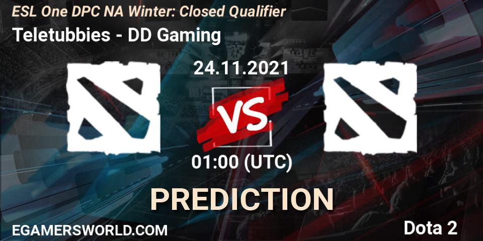 Pronósticos Teletubbies - DD Gaming. 25.11.2021 at 01:00. DPC 2022 Season 1: North America - Closed Qualifier (ESL One Winter 2021) - Dota 2