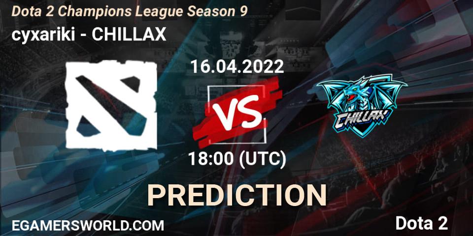 Pronósticos cyxariki - CHILLAX. 16.04.2022 at 18:20. Dota 2 Champions League Season 9 - Dota 2