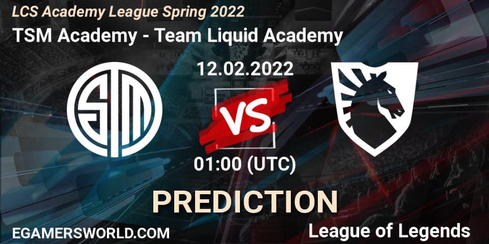 Pronósticos TSM Academy - Team Liquid Academy. 12.02.2022 at 01:00. LCS Academy League Spring 2022 - LoL