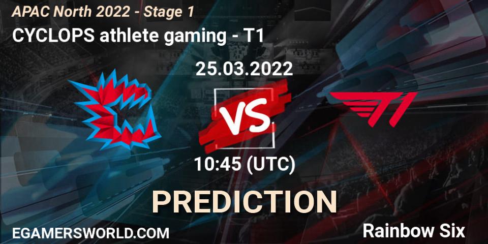 Pronósticos CYCLOPS athlete gaming - T1. 25.03.2022 at 10:45. APAC North 2022 - Stage 1 - Rainbow Six