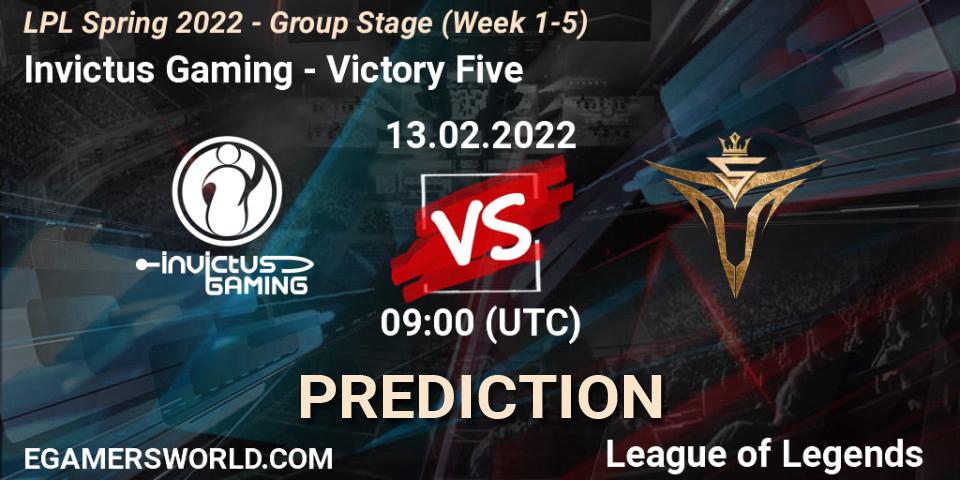 Pronósticos Invictus Gaming - Victory Five. 13.02.2022 at 10:00. LPL Spring 2022 - Group Stage (Week 1-5) - LoL