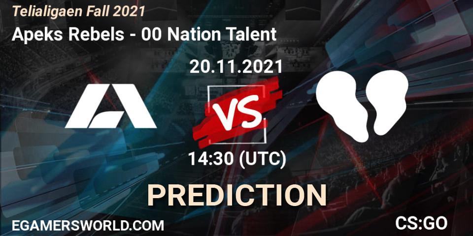 Pronósticos Apeks Rebels - 00 Nation Talent. 20.11.2021 at 14:30. Telialigaen Fall 2021 - Counter-Strike (CS2)