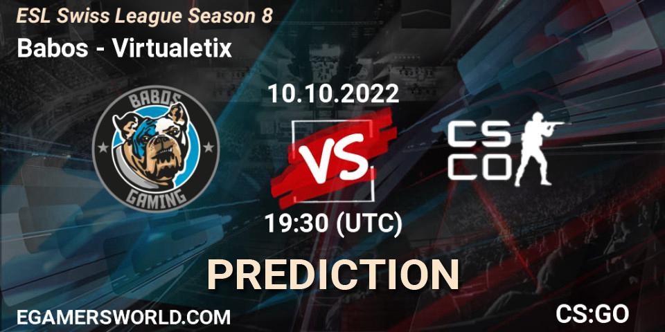 Pronósticos Babos - Virtualetix. 10.10.2022 at 19:30. ESL Swiss League Season 8 - Counter-Strike (CS2)