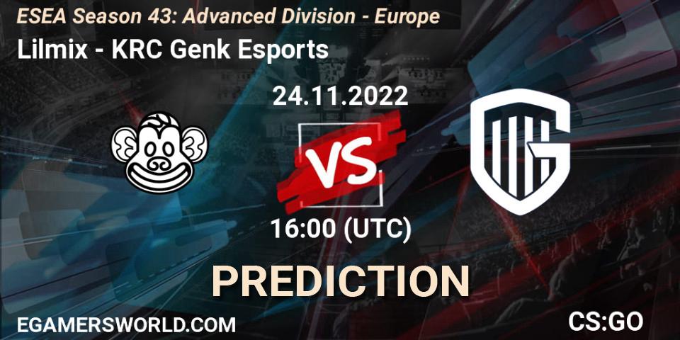 Pronósticos Lilmix - KRC Genk Esports. 24.11.2022 at 16:00. ESEA Season 43: Advanced Division - Europe - Counter-Strike (CS2)