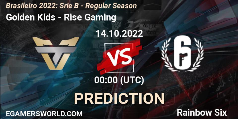 Pronósticos Golden Kids - Rise Gaming. 14.10.2022 at 00:00. Brasileirão 2022: Série B - Regular Season - Rainbow Six