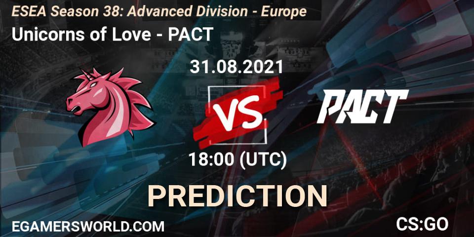 Pronósticos Unicorns of Love - PACT. 31.08.2021 at 18:00. ESEA Season 38: Advanced Division - Europe - Counter-Strike (CS2)