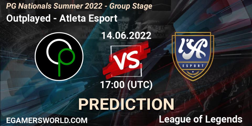 Pronósticos Outplayed - Atleta Esport. 14.06.2022 at 19:50. PG Nationals Summer 2022 - Group Stage - LoL