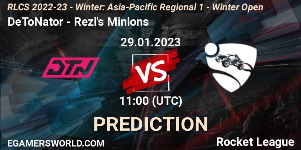 Pronósticos DeToNator - Rezi's Minions. 29.01.2023 at 10:00. RLCS 2022-23 - Winter: Asia-Pacific Regional 1 - Winter Open - Rocket League