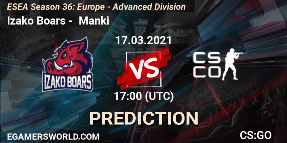Pronósticos Izako Boars - Manki. 17.03.2021 at 17:00. ESEA Season 36: Europe - Advanced Division - Counter-Strike (CS2)