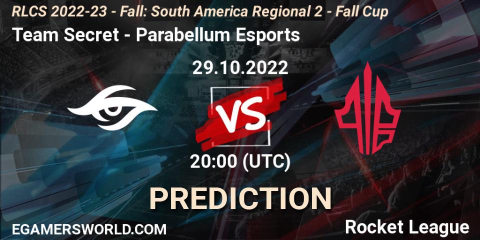 Pronósticos Team Secret - Parabellum Esports. 29.10.2022 at 20:00. RLCS 2022-23 - Fall: South America Regional 2 - Fall Cup - Rocket League