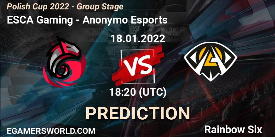 Pronósticos ESCA Gaming - Anonymo Esports. 18.01.2022 at 18:20. Polish Cup 2022 - Group Stage - Rainbow Six