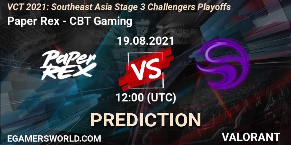 Pronósticos Paper Rex - CBT Gaming. 19.08.2021 at 10:45. VCT 2021: Southeast Asia Stage 3 Challengers Playoffs - VALORANT