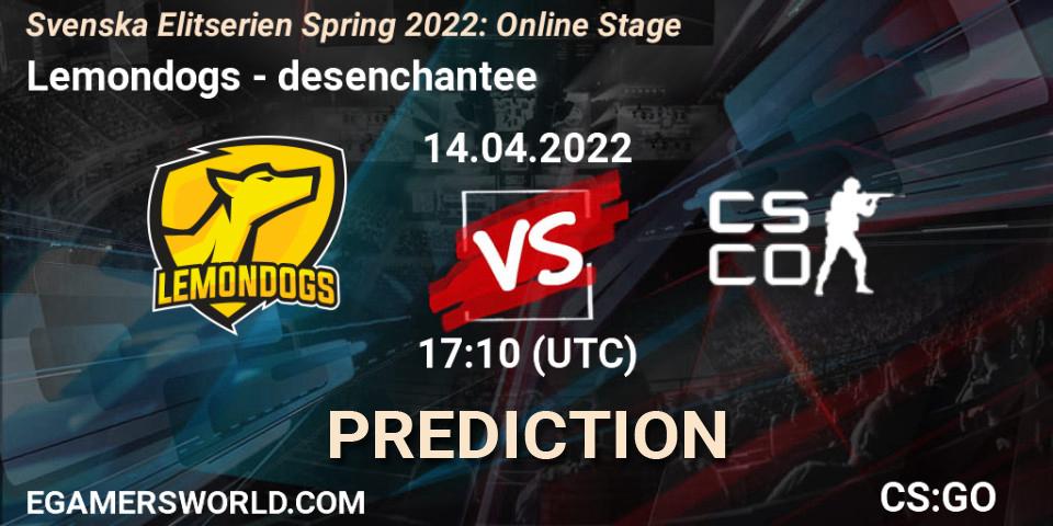 Pronósticos Lemondogs - desenchantee. 21.04.2022 at 17:00. Svenska Elitserien Spring 2022: Online Stage - Counter-Strike (CS2)