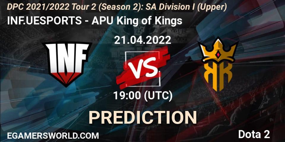 Pronósticos INF.UESPORTS - APU King of Kings. 21.04.2022 at 22:21. DPC 2021/2022 Tour 2 (Season 2): SA Division I (Upper) - Dota 2