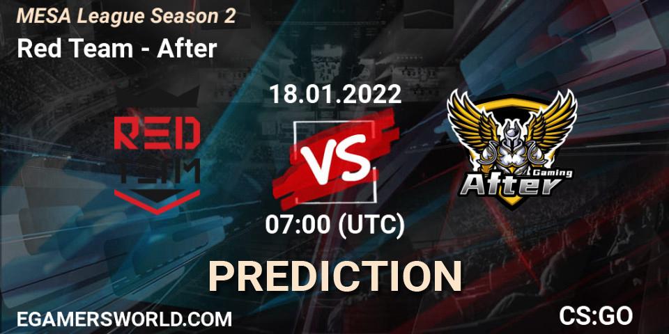 Pronósticos Red Team - After. 20.01.2022 at 07:00. MESA League Season 2 - Counter-Strike (CS2)