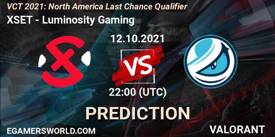 Pronósticos XSET - Luminosity Gaming. 12.10.2021 at 23:00. VCT 2021: North America Last Chance Qualifier - VALORANT