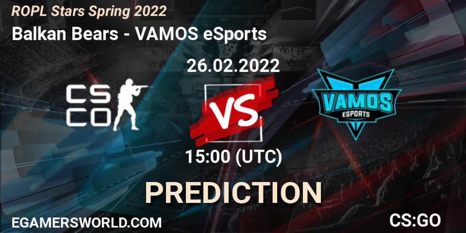 Pronósticos Balkan Bears - VAMOS eSports. 26.02.2022 at 15:00. ROPL Stars Spring 2022 - Counter-Strike (CS2)