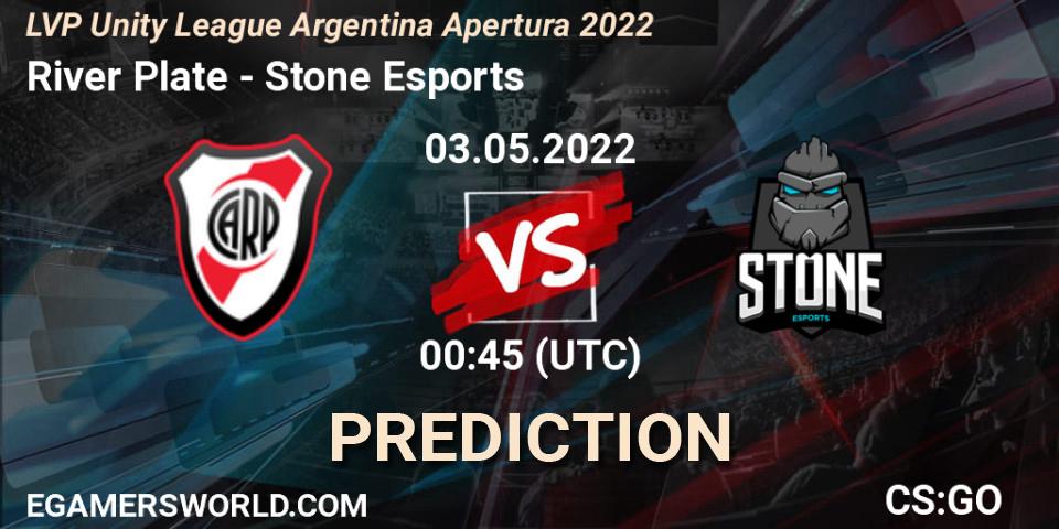 Pronósticos River Plate - Stone Esports. 03.05.2022 at 00:45. LVP Unity League Argentina Apertura 2022 - Counter-Strike (CS2)