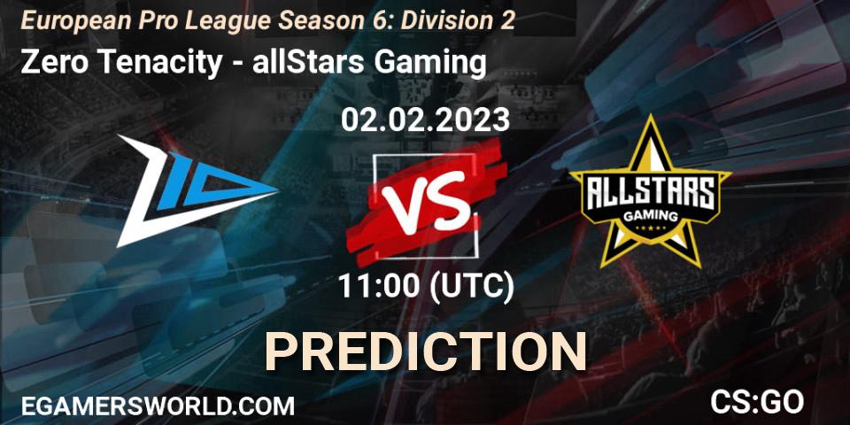 Pronósticos Zero Tenacity - allStars Gaming. 02.02.23. European Pro League Season 6: Division 2 - CS2 (CS:GO)