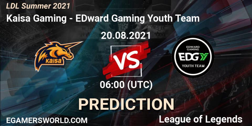 Pronósticos Kaisa Gaming - EDward Gaming Youth Team. 20.08.2021 at 06:00. LDL Summer 2021 - LoL
